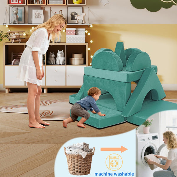 English Elm 15pcs Modular Toddler Play Couch Set Velvet Foam Fort Building Playroom Seating Green T5880P493417