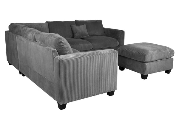 English Elm 4pc Corduroy Sectional Sofa Set with Ottoman Corner Wedge and Low-profile Modern Legs Dark Gray B011S02226