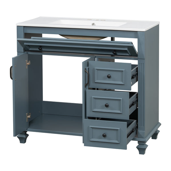 English Elm 36" Modern Bathroom Vanity with Ceramic Sink, Gold Handles, Flip-Out Drawer & Soft-Close Doors Blue Gray N725P283623C