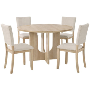English Elm 47.3" Round Oak Dining Set Seats Four with Linen Upholstered Chairs for Modern Kitchens W1998S00087