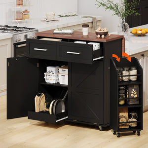 English Elm K&K 47.2" Farmhouse Kitchen Island with Drop Leaf, Removable Side Shelf, Trash Cabinet, Wheels Black N707P307296B