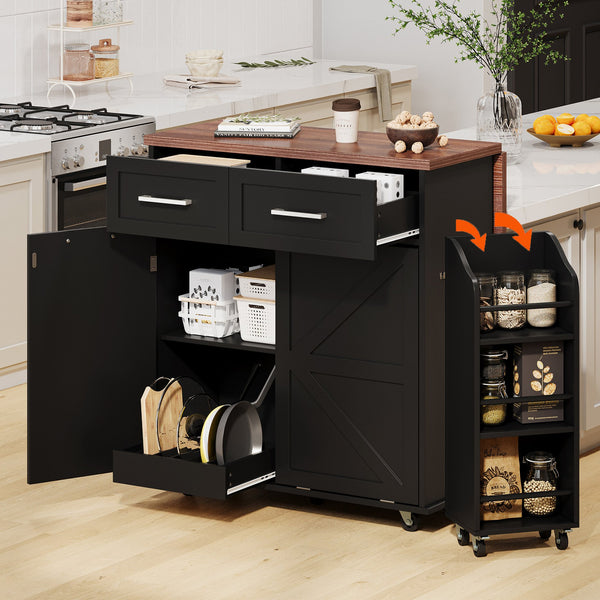 English Elm K&K 47.2" Farmhouse Kitchen Island with Drop Leaf, Removable Side Shelf, Trash Cabinet, Wheels Black N707P307296B