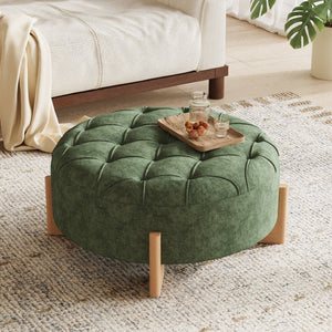 English Elm 32" Round Chenille Ottoman Tufted Footrest with Rubberwood Legs for Living Room Green N723P405298G