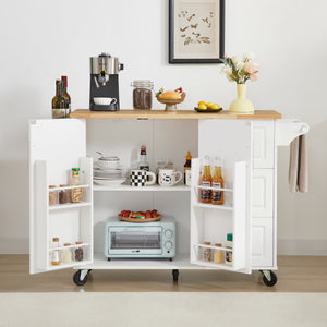 English Elm Kitchen Island Cart with Drop-Leaf Rubberwood Countertop, Rolling Tower Rack, Drawers & Spice Storage White W1820P195005