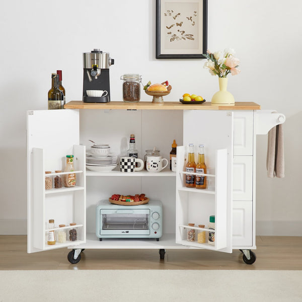 English Elm Kitchen Island Cart with Drop-Leaf Rubberwood Countertop, Rolling Tower Rack, Drawers & Spice Storage White W1820P195005