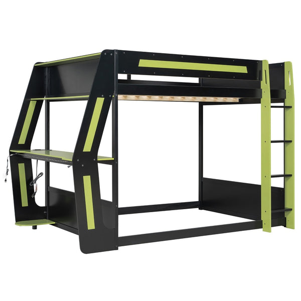 English Elm Full-size Gaming Loft Bed with Integrated Rgb Desk Usb Ports and Esports Frame Green LT000239AAG