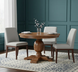English Elm Artisan Solid Mango Wood Round Dining Table Handcrafted Golden Teak Finish Seats Four B182P433779