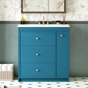 English Elm 30'' Modern Bathroom Vanity With Ceramic Sink, Durable Blue Finish & Ample Storage For Essentials N710P228374C