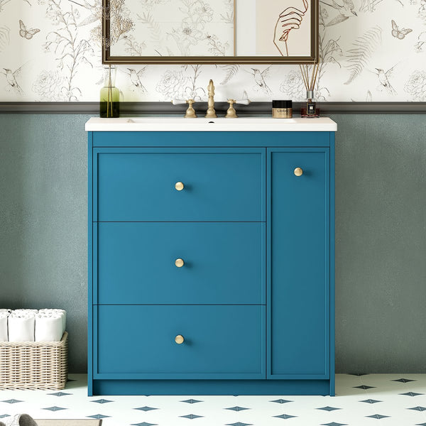 English Elm 30'' Modern Bathroom Vanity With Ceramic Sink, Durable Blue Finish & Ample Storage For Essentials N710P228374C