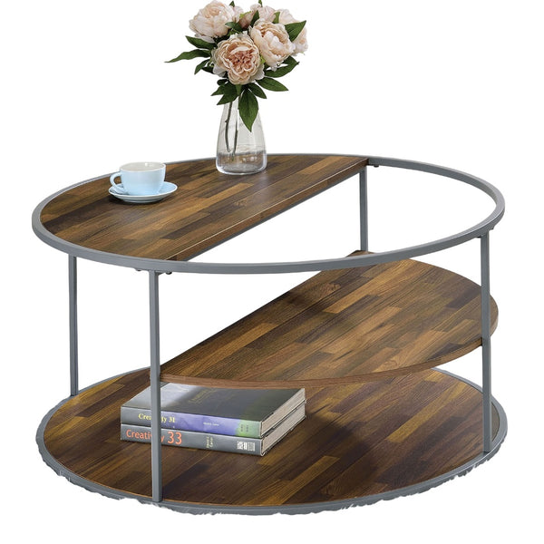 English Elm Industrial Orrin Coffee Table 35.4" Dia x 18" H — Industrial Half-Shelf Design, Gray Walnut Veneer, Powder-Coated Frame, Modern Display-Friendly Style B2741P359589