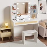 English Elm Vanity Desk Set Stool & Dressing Table With Led Lighting Mirror Drawer and Compartments Modern Wood Cosmetic Table Chest Of Drawers White Color