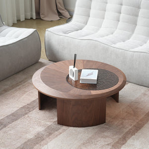 English Elm Tavola Modern Round Coffee Table Set with Walnut Veneer & Ripple Glass—Sturdy Two-Piece, Scratch-Resistant B341P321122