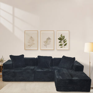 English Elm Compression Sectional Couch Plush Corduroy Chaise L-Shape Sleeper, Deep Seat Modular Sofa Black W3341P346292