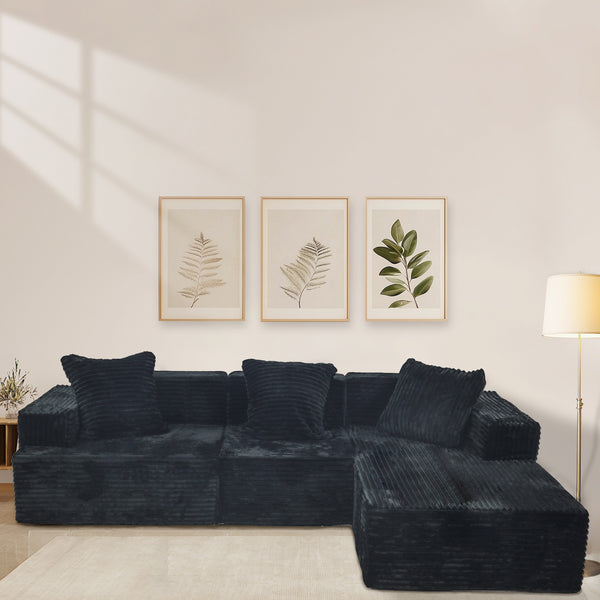 English Elm Compression Sectional Couch Plush Corduroy Chaise L-Shape Sleeper, Deep Seat Modular Sofa Black W3341P346292