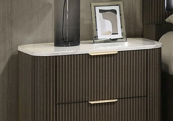 English Elm Contemporary Dark Walnut Nightstand with Marble Top Reeded Plinth Base Bedroom Storage B2741P430422