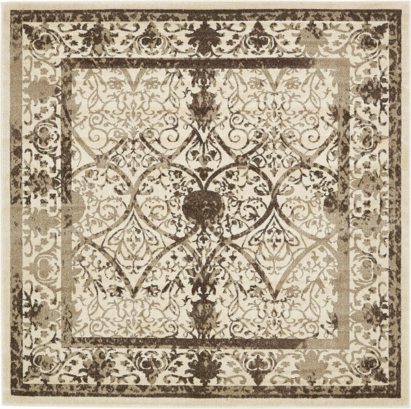Unique Loom La Jolla Traditional Machine Made Floral Rug Beige, Beige/Brown/Ivory/Light Brown 7' 10" x 7' 10"
