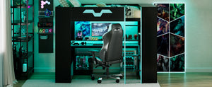 English Elm Full Size Gaming Loft Bed with Rgb Lighting Built-in Desk and Usb Charging Ports Blue LT000275AAC