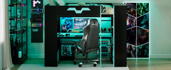 English Elm Full Size Gaming Loft Bed with Rgb Lighting Built-in Desk and Usb Charging Ports Blue LT000275AAC