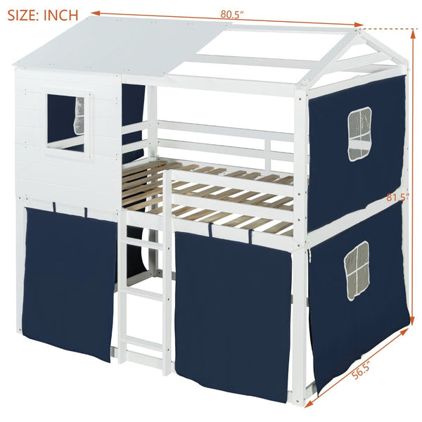 English Elm Full Size Kids Playhouse Bunk Bed Pinewood Frame with Tent Roof and Window Cutouts Blue LT000380AAC-1
