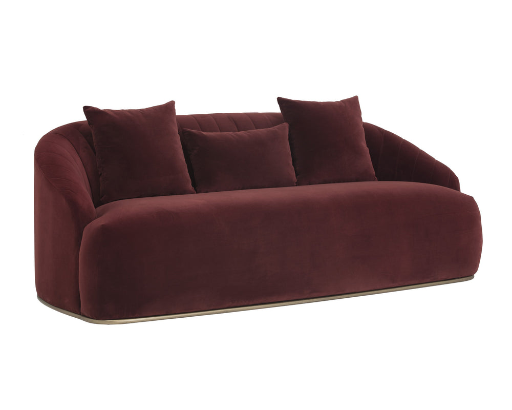 Sunpan Astrid Sofa - Elegant Channel Tufted Velvet Design with Antique Brass Frame for Luxurious Comfort Merlot