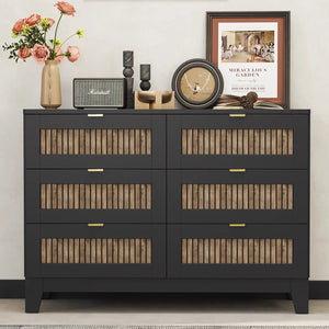 English Elm Rustic Farmhouse Wooden Dresser with 6 Drawers and Metal Handles — Spacious Storage, Stylish Bedroom Accent Black 52.17 L x 18.5 W x 11.81 H WF530908AAB
