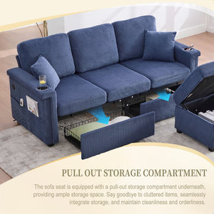 English Elm UNITED Corduroy L-Shaped Sectional Sofa with Storage Ottoman, USB Ports, Cup Holders & LED Lighting Navy W1568P332406