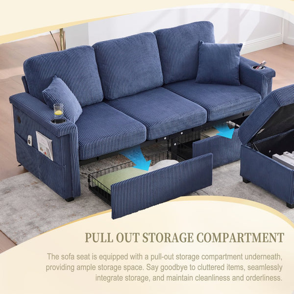 English Elm UNITED Corduroy L-Shaped Sectional Sofa with Storage Ottoman, USB Ports, Cup Holders & LED Lighting Navy W1568P332406