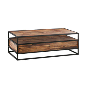 English Elm Ulera Acacia Rectangle Coffee Table with Shelf, Black Metal Frame, Durable Weatherproof Hardwood Finish B2736P354394