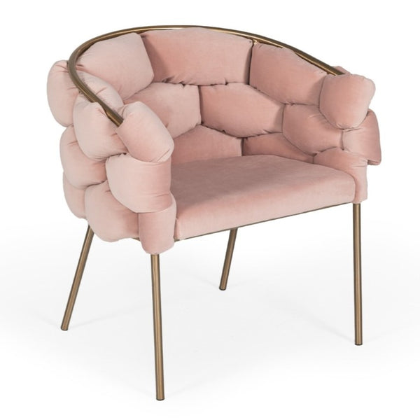 VIG Furniture Debra Modern Velvet Armchair With Brushed Brass Frame, Hexagon-Textured Padded Seating Appeal Pink Dining Chair VGVCB202-DC-PNK