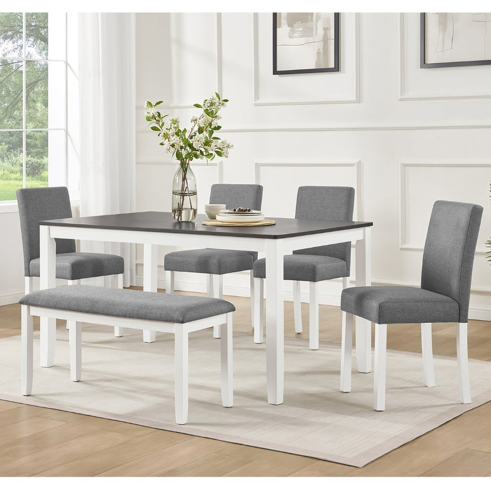 English Elm 6 Piece Rubberwood Dining Set with Bench and Linen Chairs for Transitional Kitchen W1998S00098