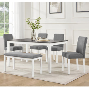 English Elm 6 Piece Rubberwood Dining Set with Bench and Linen Chairs for Transitional Kitchen W1998S00098