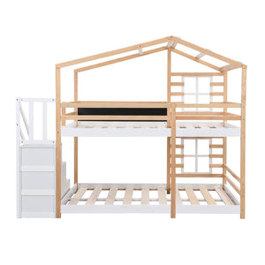 English Elm Twin Over Solid Pine House Bunk Bed with Blackboard Storage Staircase W495S00013