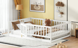 English Elm Full Size Pine Montessori Floor Bed with Fence & Removable Door, Sturdy Kids Bed White Playhouse W1820P349301