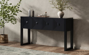 English Elm [video] Art Deco Console Table Geometric Carved Fronts Fluted Legs 3 Soft-close Drawers Black N759P433572B