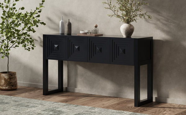 English Elm [video] Art Deco Console Table Geometric Carved Fronts Fluted Legs 3 Soft-close Drawers Black N759P433572B