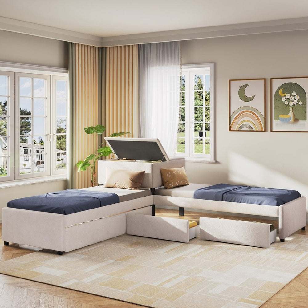 English Elm L-shaped Twin Platform Bed Set with Trundle Drawers and Center Table in Beige Linen GX000531AAA