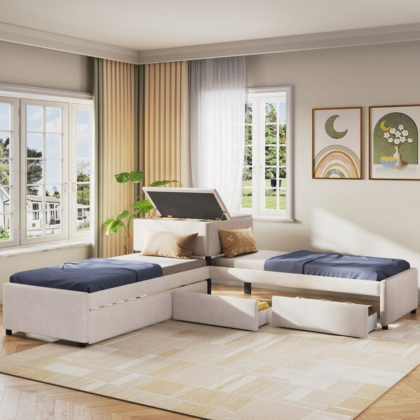 English Elm L-shaped Twin Platform Bed Set with Trundle Drawers and Center Table in Beige Linen GX000531AAA