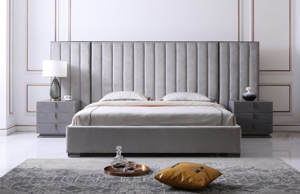 VIG Furniture Queen Buckley Upholstered Grey Bed With 2 Nightstands, Black Stainless Steel Legs, Durable Modern Design VGVC2003-BED-Q