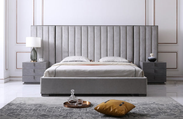 VIG Furniture Queen Buckley Upholstered Grey Bed With 2 Nightstands, Black Stainless Steel Legs, Durable Modern Design VGVC2003-BED-Q