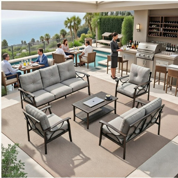 English Elm 5-piece Outdoor Conversation Set Steel Frame Patio Sofa Loveseat Chairs Table Gray B082S00126