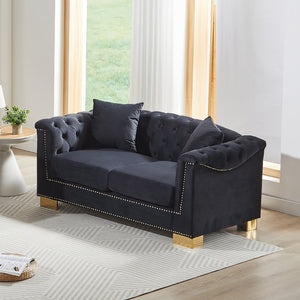 English Elm {video] Chesterfield Two-seater Velvet Sofa with Nailhead Trim and Tufted Gold Leg Luxury Black+Blue W1926S00094