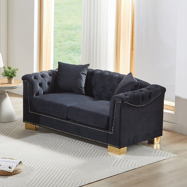 English Elm {video] Chesterfield Two-seater Velvet Sofa with Nailhead Trim and Tufted Gold Leg Luxury Black+Blue W1926S00094