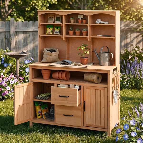 English Elm (with Hutch) Topmax Solid Fir Outdoor Potting Bench Station Cabinets Drawers Patio Garden Natural Wood N717P404332A