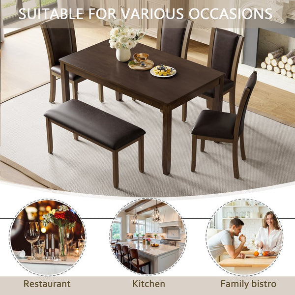 English Elm 6-Piece Farmhouse Dining Table Set With Bench & Chairs, Rustic Dark Walnut Finish For 6 People W1998S00065
