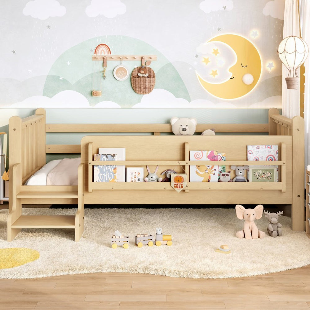 English Elm Twin Pine Floor Bed with Guardrails Built-in Bookcases and Stair Steps for Kids W1580P430184