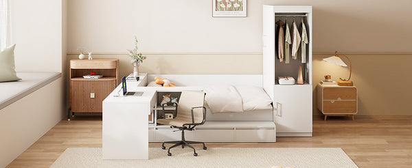 English Elm Full Size Wooden Platform Bed With Integrated Desk, 6 Drawers, Wardrobe & Modern Shelves, White Finish N820S00060K