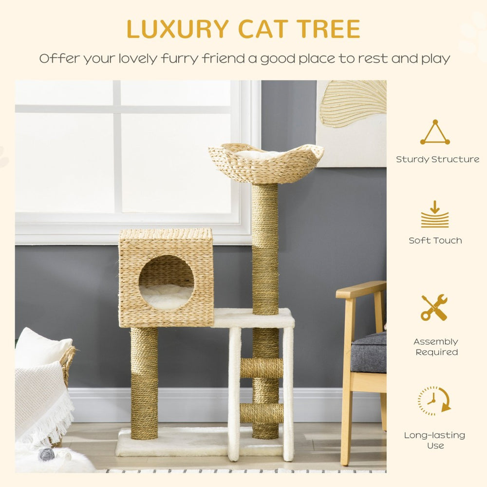 English Elm Cat Tower with Cattail Woven Posts Condo Basket Bed Scratching Ladder Indoor T3971P432005