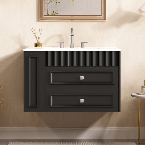 English Elm 30'' Wall Mounted Bathroom Vanity with Ceramic Sink, Floating MDF Cabinet, Soft-Close Drawers & Ample Storage Black N710P334915B