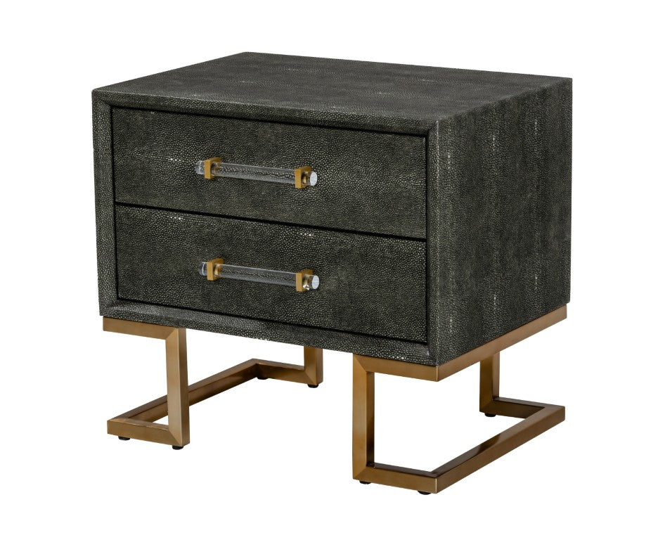 VIG Furniture Howard Modern Shagreen Grey Nightstand With Gold Legs & Acrylic Handles, 2 Drawers, Luxe Storage VGGMBEC-1528-GRY-NS