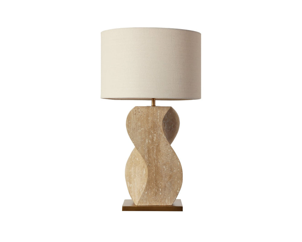 Sunpan ANUSHA Table Lamp - Hand-Carved Solid Travertine Base, Textured Shade & Warm Brass Accents, 30" Tall 112157